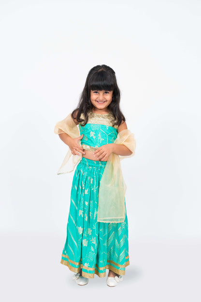 Elaisha Girls Brocade Sleeveless sequence Embellished Top, Skirt & Tissue Dupatta Set - Sea Green