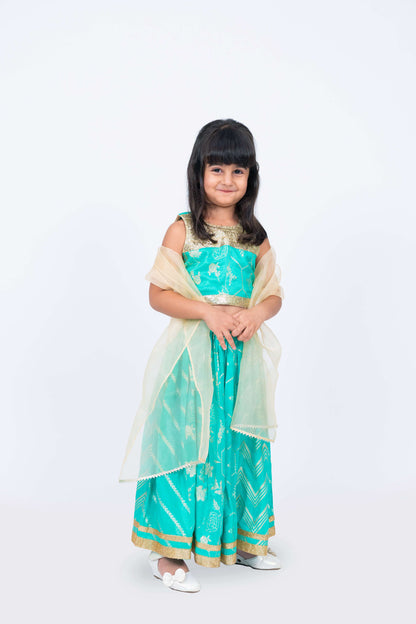 Elaisha Girls Brocade Sleeveless sequence Embellished Top, Skirt & Tissue Dupatta Set - Sea Green