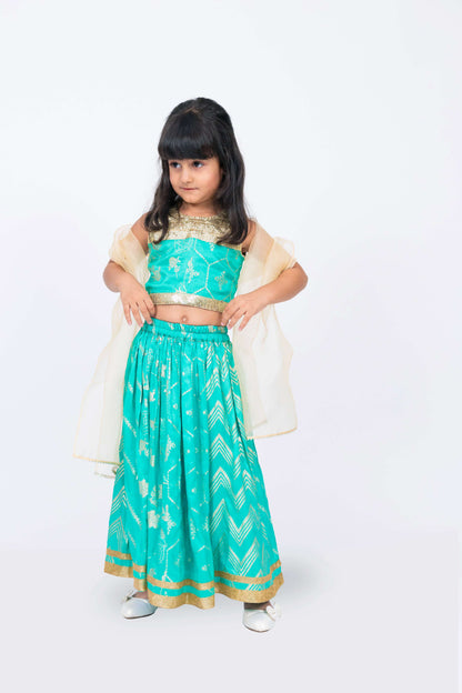 Elaisha Girls Brocade Sleeveless sequence Embellished Top, Skirt & Tissue Dupatta Set - Sea Green