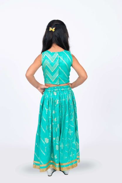 Elaisha Girls Brocade Sleeveless sequence Embellished Top, Skirt & Tissue Dupatta Set - Sea Green
