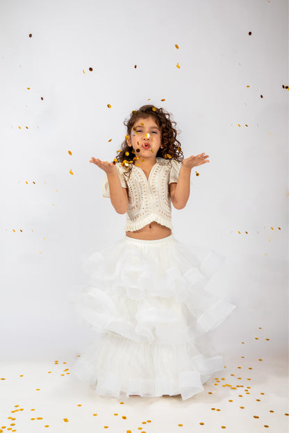 Elaisha Flutter Sleeves Mirror Worked & Ruffle Detailed Top With Skirt Set - Off White