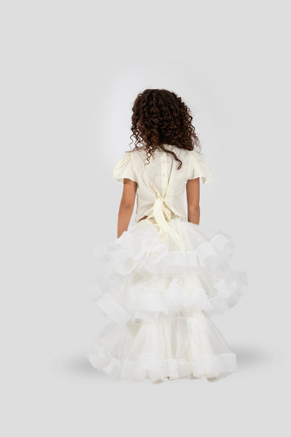Elaisha Flutter Sleeves Mirror Worked & Ruffle Detailed Top With Skirt Set - Off White