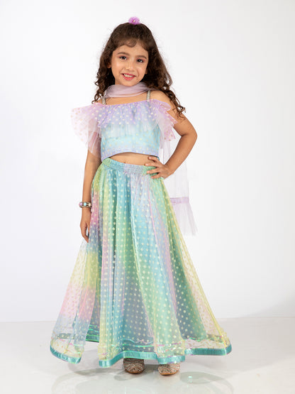 Elaisha Sleeveless Ruffle Details & Gradient Printed Top With Skirt & Dupatta Set - Light Blue & Mauve