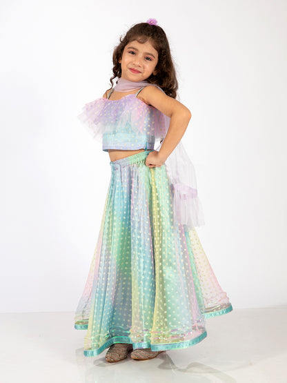 Elaisha Sleeveless Ruffle Details & Gradient Printed Top With Skirt & Dupatta Set - Light Blue & Mauve