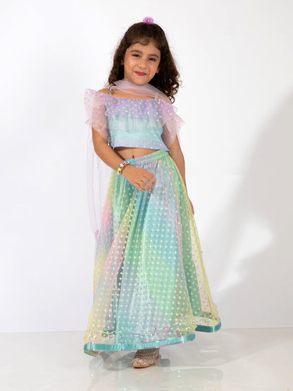 Elaisha Sleeveless Ruffle Details & Gradient Printed Top With Skirt & Dupatta Set - Light Blue & Mauve