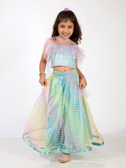 Elaisha Sleeveless Ruffle Details & Gradient Printed Top With Skirt & Dupatta Set - Light Blue & Mauve