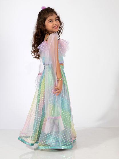 Elaisha Sleeveless Ruffle Details & Gradient Printed Top With Skirt & Dupatta Set - Light Blue & Mauve