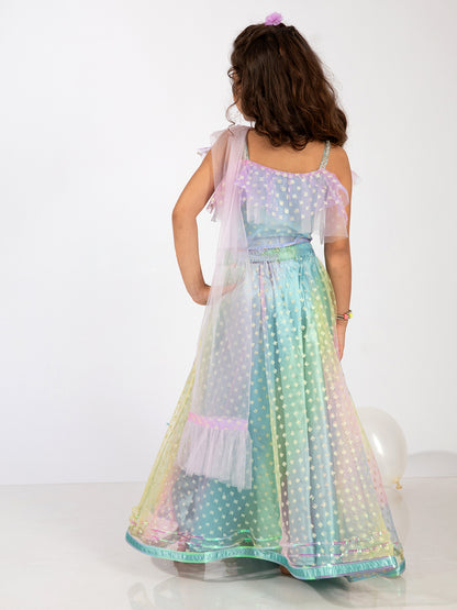 Elaisha Sleeveless Ruffle Details & Gradient Printed Top With Skirt & Dupatta Set - Light Blue & Mauve