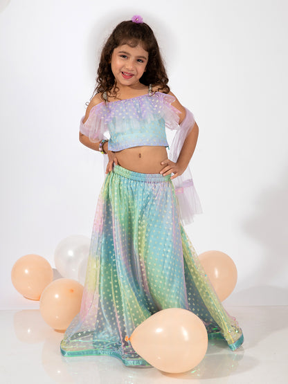 Elaisha Sleeveless Ruffle Details & Gradient Printed Top With Skirt & Dupatta Set - Light Blue & Mauve