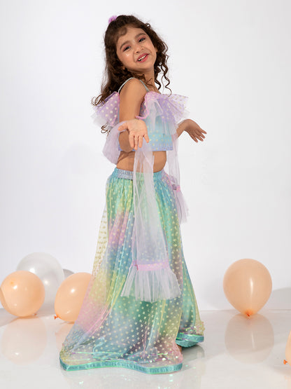 Elaisha Sleeveless Ruffle Details & Gradient Printed Top With Skirt & Dupatta Set - Light Blue & Mauve