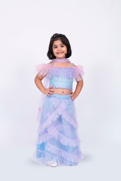 Elaisha Sleeveless Ruffled Detailed Top With Skirt & Dupatta Set - Mauve & Light Blue