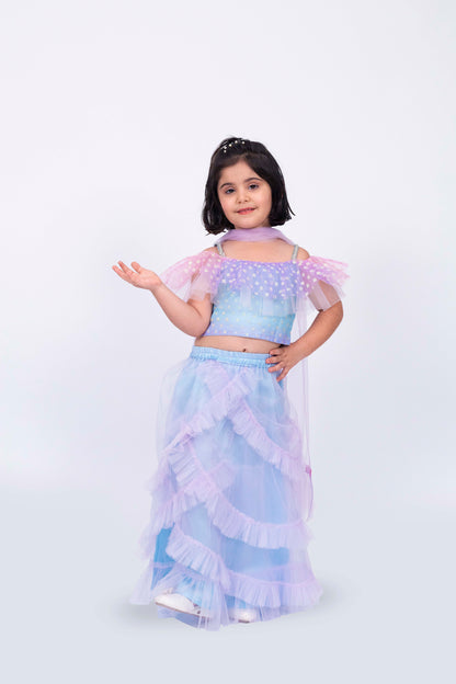 Elaisha Sleeveless Ruffled Detailed Top With Skirt & Dupatta Set - Mauve & Light Blue