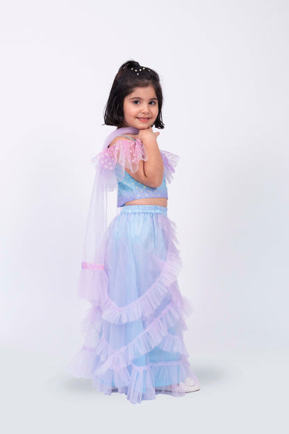 Elaisha Sleeveless Ruffled Detailed Top With Skirt & Dupatta Set - Mauve & Light Blue