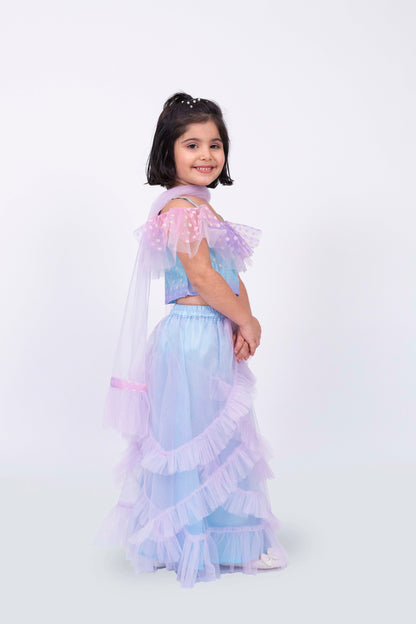 Elaisha Sleeveless Ruffled Detailed Top With Skirt & Dupatta Set - Mauve & Light Blue