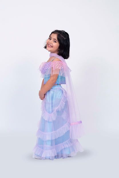 Elaisha Sleeveless Ruffled Detailed Top With Skirt & Dupatta Set - Mauve & Light Blue