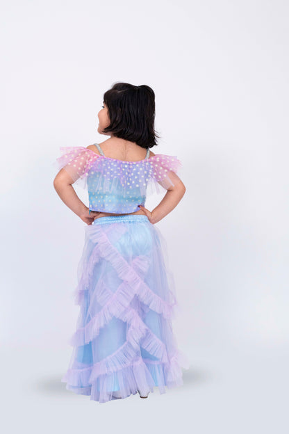 Elaisha Sleeveless Ruffled Detailed Top With Skirt & Dupatta Set - Mauve & Light Blue