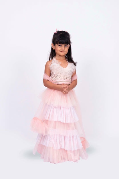 Elaisha Sleeveless Sequin Ruffled Top With Skirt & Dupatta Set - Peach & Off White