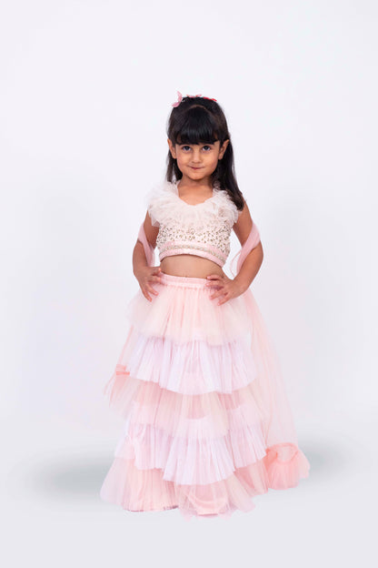 Elaisha Sleeveless Sequin Ruffled Top With Skirt & Dupatta Set - Peach & Off White