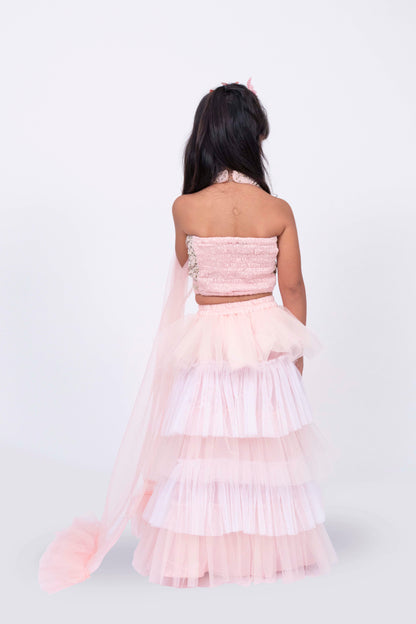 Elaisha Sleeveless Sequin Ruffled Top With Skirt & Dupatta Set - Peach & Off White