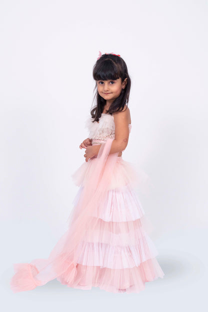 Elaisha Sleeveless Sequin Ruffled Top With Skirt & Dupatta Set - Peach & Off White