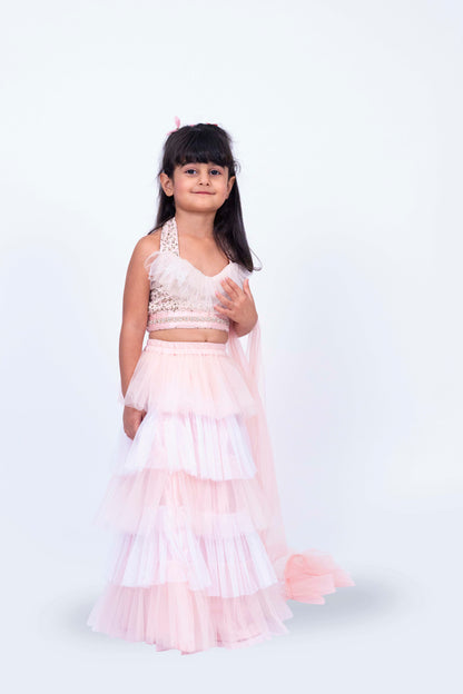 Elaisha Sleeveless Sequin Ruffled Top With Skirt & Dupatta Set - Peach & Off White