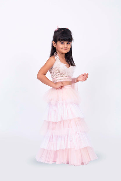 Elaisha Sleeveless Sequin Ruffled Top With Skirt & Dupatta Set - Peach & Off White