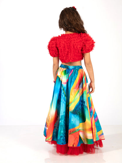 Elaisha Girls Bolero Jacket With an Inner & a Vibrant Skirt Set - Red & Multicolour