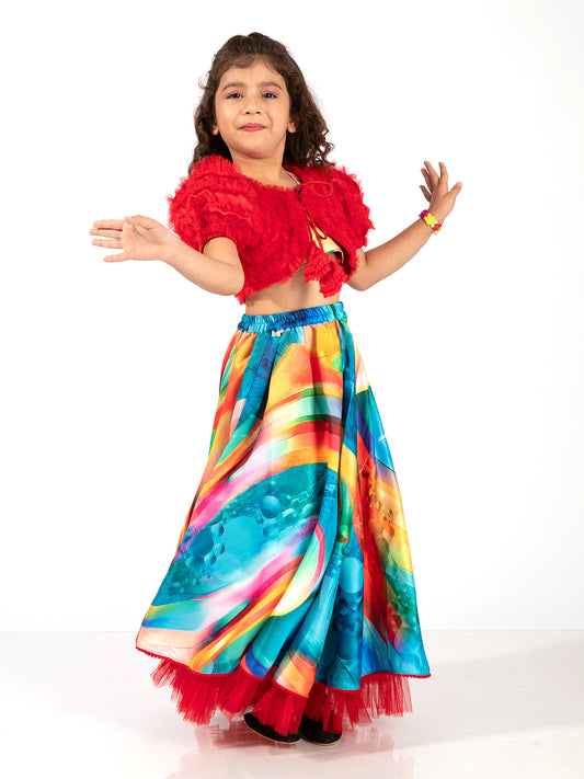 Elaisha Girls Bolero Jacket With an Inner & a Vibrant Skirt Set - Red & Multicolour