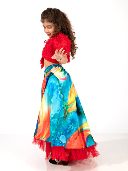 Elaisha Girls Bolero Jacket With an Inner & a Vibrant Skirt Set - Red & Multicolour