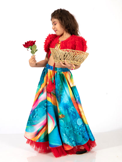 Elaisha Girls Bolero Jacket With an Inner & a Vibrant Skirt Set - Red & Multicolour
