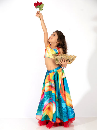 Elaisha Girls Bolero Jacket With an Inner & a Vibrant Skirt Set - Red & Multicolour