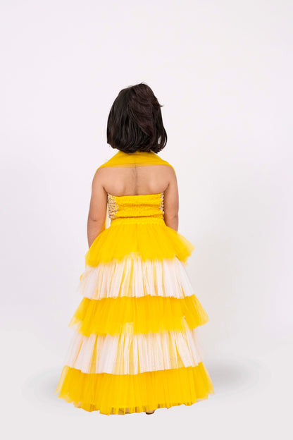 Elaisha Sleeveless Sequin Top With Skirt & Dupatta Set - Yellow & Off White
