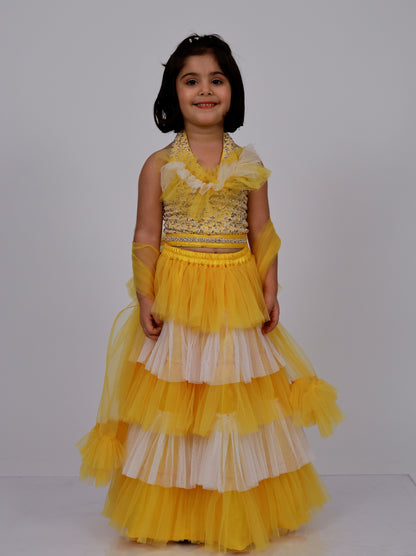 Elaisha Sleeveless Sequin Top With Skirt & Dupatta Set - Yellow & Off White
