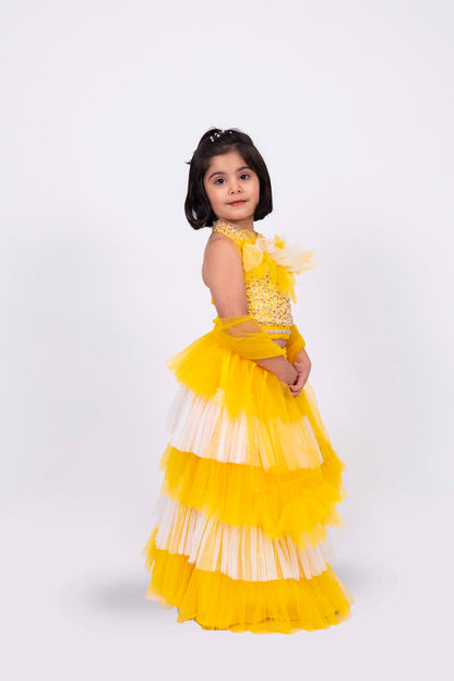 Elaisha Sleeveless Sequin Top With Skirt & Dupatta Set - Yellow & Off White