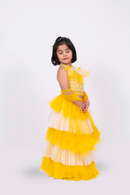 Elaisha Sleeveless Sequin Top With Skirt & Dupatta Set - Yellow & Off White