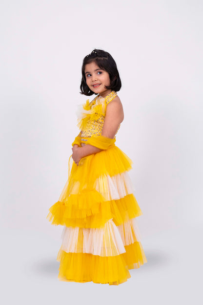 Elaisha Sleeveless Sequin Top With Skirt & Dupatta Set - Yellow & Off White