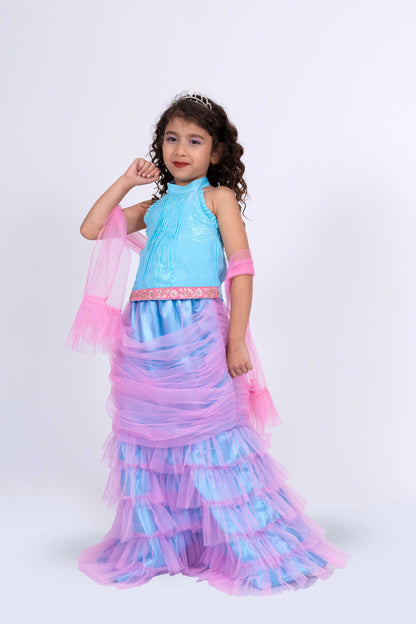 Elaisha Sleeveless Mermaid-shaped Top With Skirt & Dupatta Set - Light Blue & Light Pink