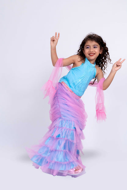 Elaisha Sleeveless Mermaid-shaped Top With Skirt & Dupatta Set - Light Blue & Light Pink