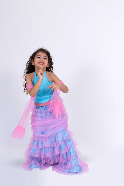 Elaisha Sleeveless Mermaid-shaped Top With Skirt & Dupatta Set - Light Blue & Light Pink