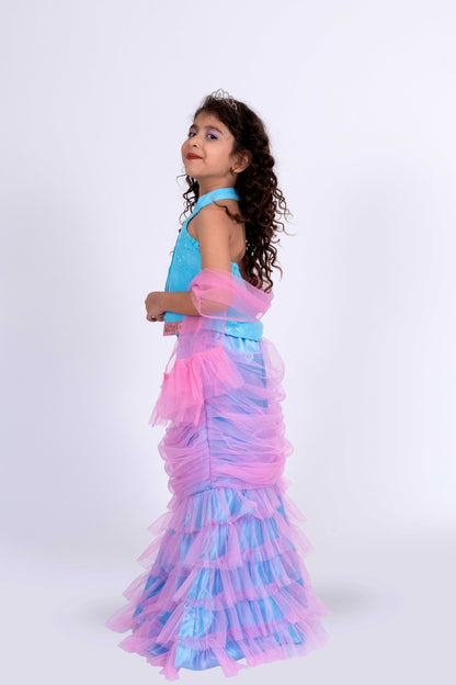 Elaisha Sleeveless Mermaid-shaped Top With Skirt & Dupatta Set - Light Blue & Light Pink