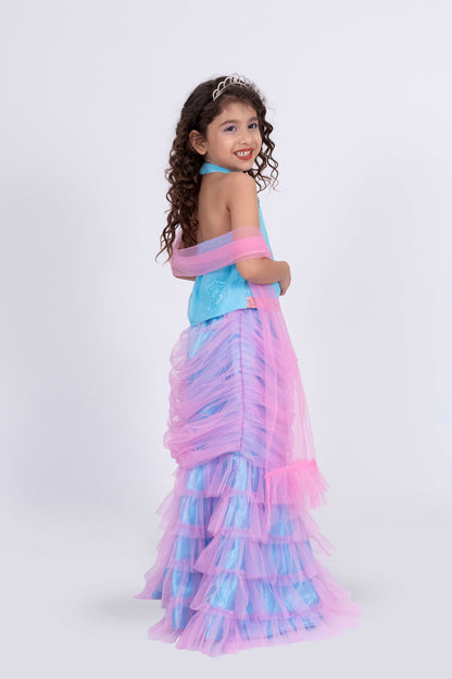 Elaisha Sleeveless Mermaid-shaped Top With Skirt & Dupatta Set - Light Blue & Light Pink
