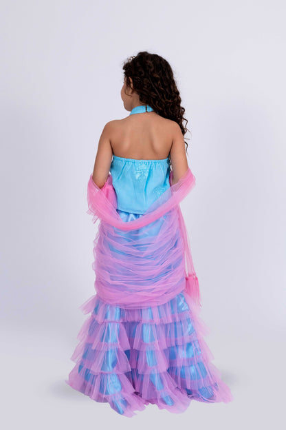 Elaisha Sleeveless Mermaid-shaped Top With Skirt & Dupatta Set - Light Blue & Light Pink