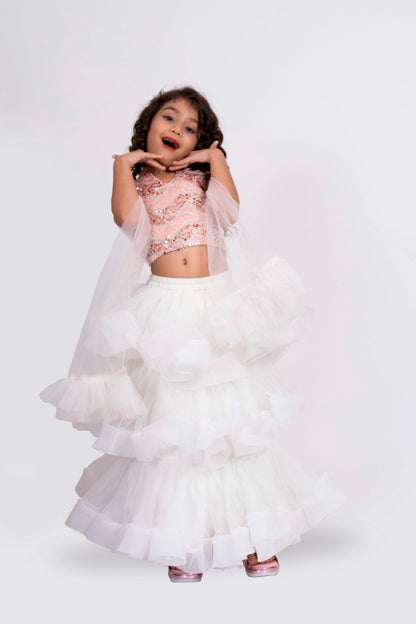 Elaisha Sleeveless Sequence Worked Top With Skirt Set - Peach & Off White