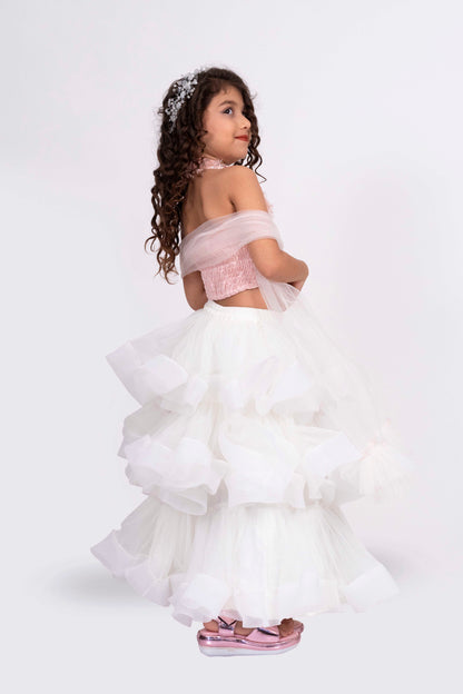 Elaisha Sleeveless Sequence Worked Top With Skirt Set - Peach & Off White
