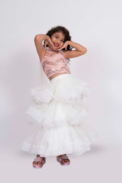 Elaisha Sleeveless Sequence Worked Top With Skirt Set - Peach & Off White