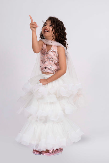 Elaisha Sleeveless Sequence Worked Top With Skirt Set - Peach & Off White