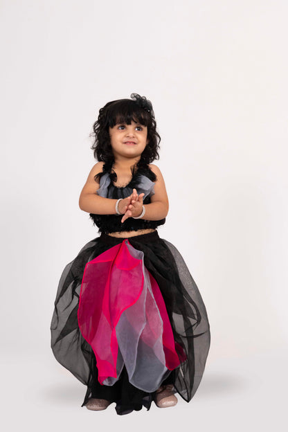 Elaisha Sleeveless Embroidered Top With Skirt Set - Black & Hot Pink