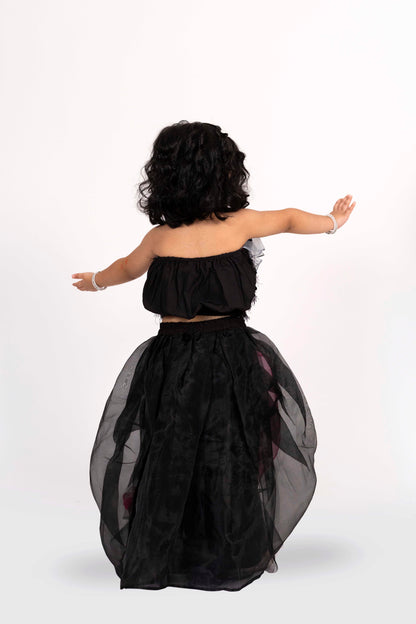 Elaisha Sleeveless Embroidered Top With Skirt Set - Black & Hot Pink