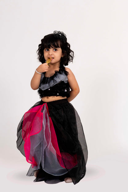 Elaisha Sleeveless Embroidered Top With Skirt Set - Black & Hot Pink
