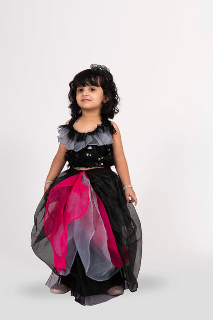 Elaisha Sleeveless Embroidered Top With Skirt Set - Black & Hot Pink